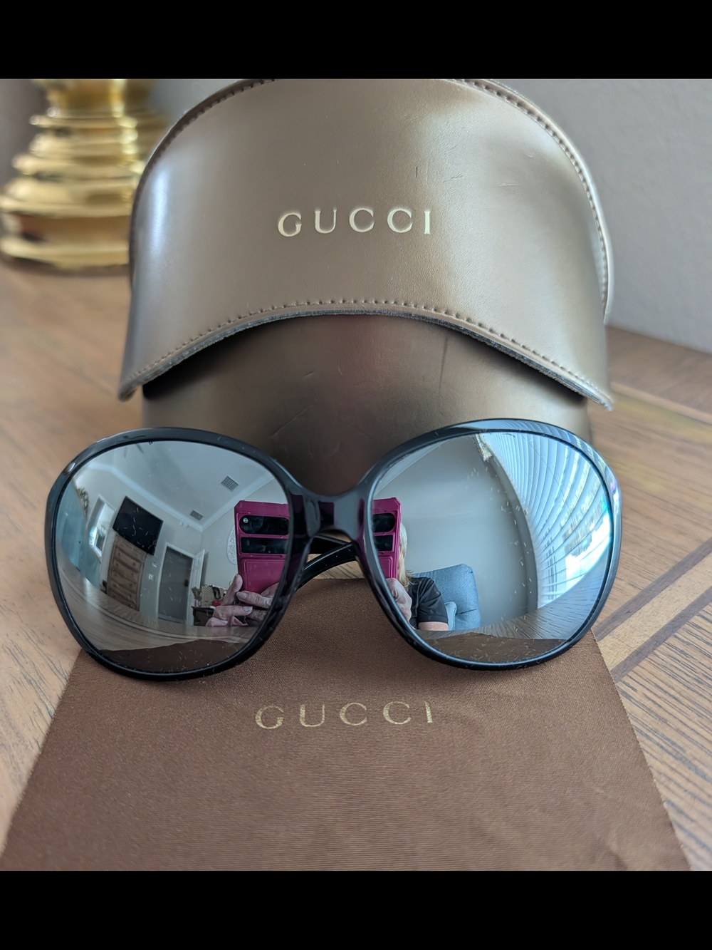 Gucci Black Oversized Women's Sunglasses Mirrored Lenses GG 3530 Crystal Hearts